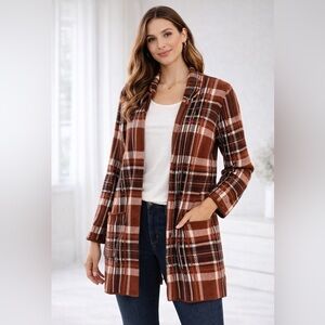 Plaid Open-Front Cardigan Jacket - Rust Brown & Cream